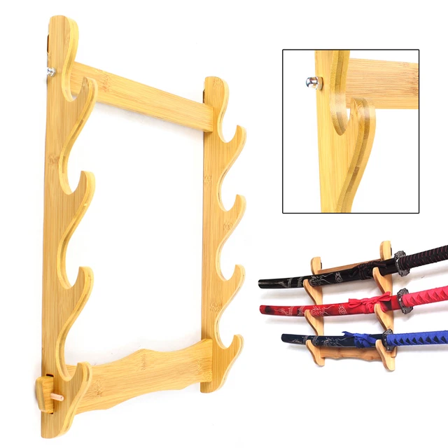 4 Wall Mount Wooden Fishing Rod Storage Display Rack Sword Katana Holder Set