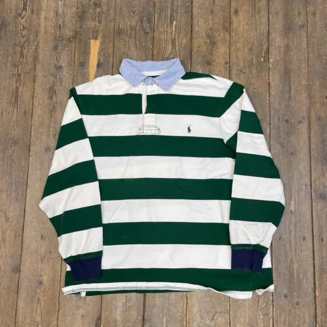 Polo Shirt Ralph Lauren Y2K vintage a maniche lunghe, verde bianco, uomo 2XL