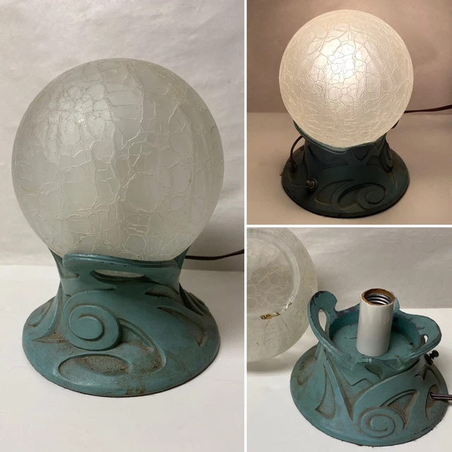 VINTAGE ART DECO Painted Spelter Lamp Crackle Glass Globe Shade