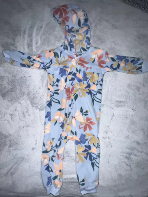 Carters Baby Girl Blue Floral Fleece Hooded Zip Up Footless Pajamas Sz 18 Months