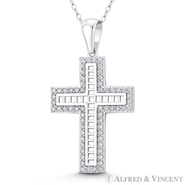 Christian Latin Cross CZ Crystal .925 Sterling Silver 38mmx21mm Necklace Pendant