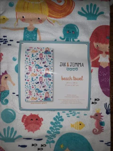 Toalla de playa Jak & Jemma sirena glam tema mar para niños 28"" X 58"" algodón