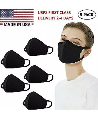 5-Pack Face Mask Mouth Cover, Washable Reusable Cotton Soft Black - Made In USA