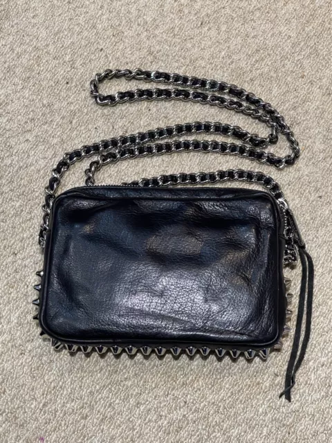 Rebecca Minkoff Flirty Black Leather Crossbody Bag with Silver Studs and Chain