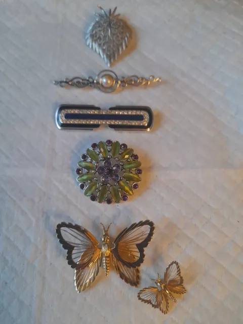 6 Beautiful Vintage  Monet Brooches/Inc Butterfly Set/Rhodium+Gold Plated