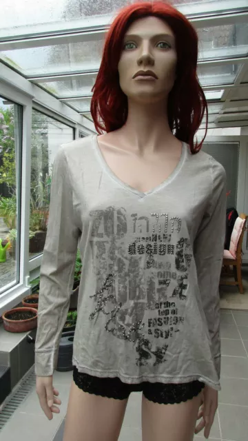 Biba - Shirt langarm schlammgrau mit grauen Motiv und Pailetten Gr. L