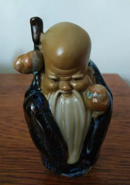 Vintage Blue Flambe Shou Lao Xing Immortal Mud Man Longevity Chinese God