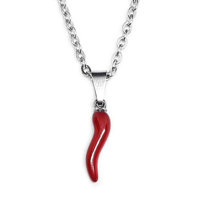 Collana con Cornetto Rosso corno Portafortuna in Acciaio inox Argento Uomo Donna