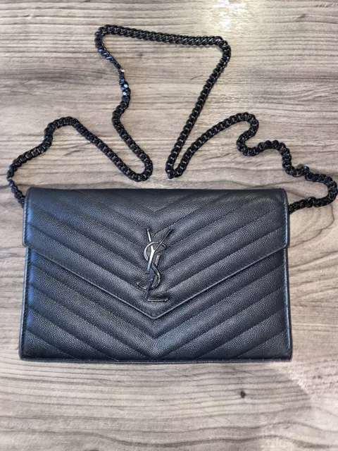 SAINT LAURENT  Monogram Quilted Black Leather Wallet Bag on Chain