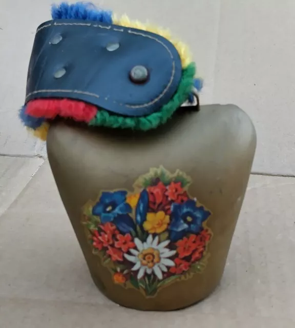 BRASS SWISS COW Bell Fringed Leather Strap vtg Hand Painted $14.39 ...