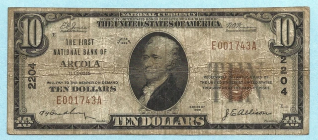 $10 National Currency 1929 - Type 1 - Ch#2204 - 1st NB, Arcola, IL - F+