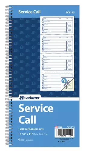 Adams Service Call Book, 5.25 X 11 Inch, Spiral Binding, 2-Part, Carbonless, 4