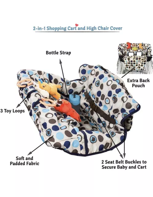 Crocnfrog 2-in-1 Shopping Cart Cover Baby High Chair Blue Brown Polka dots 2