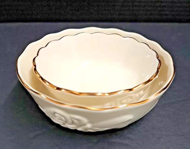 LENOX, Set of 2 Ivory Gold Rim Porcelain Rose Blossom Bowls 4 1/2” & 5 1/2” EUC