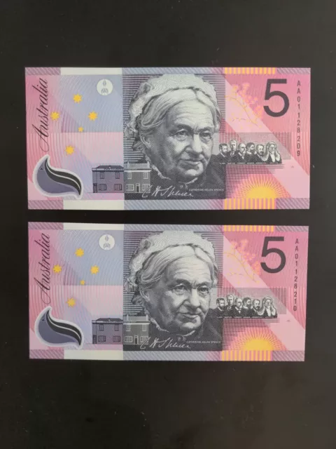 2 2001 Australian Five Dollar Note - Federation - UNC - First Prefix