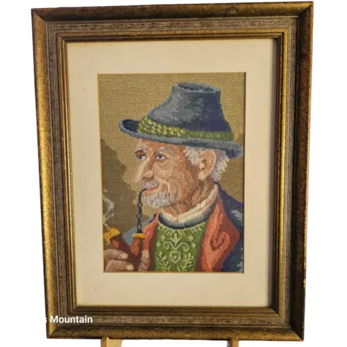 Vintage Needlepoint Seaman Sailor Fisherman Smoking Pipe Framed Wall Art