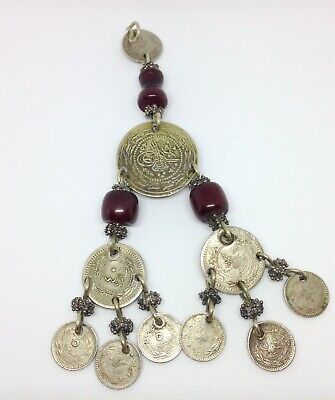 Antique Ottoman Coin Beads Jewelry Chain Natural Pendant Silver & Old Amber