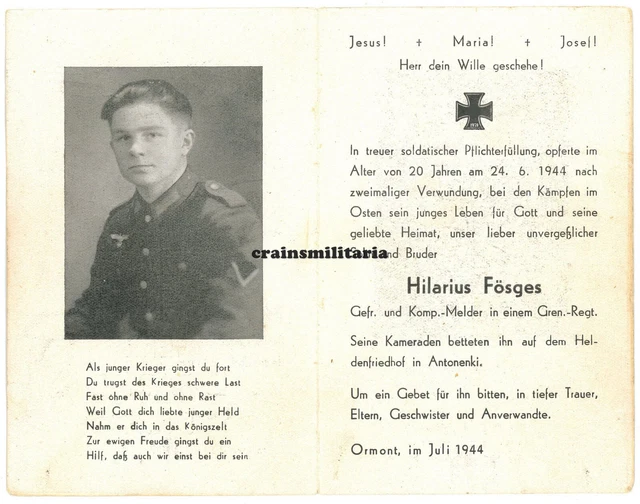 Orig. Sterbebild 389.ID Kradmelder ° Belgien Ormont + Polozk Weissrussland 1944