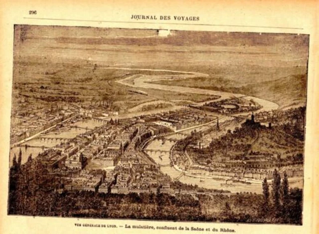 GRAVURE SUR BOIS 19è VUE GENERALE DE LYON LA MULATIERE CONFLUENT SAONE ET RHONE