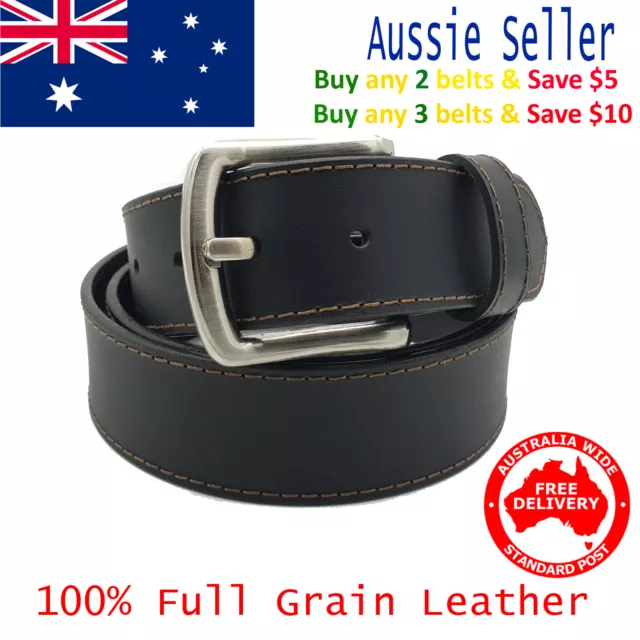 New 39mm Full Grain Premium Quality Single Stitched Leather Black Mens Belt