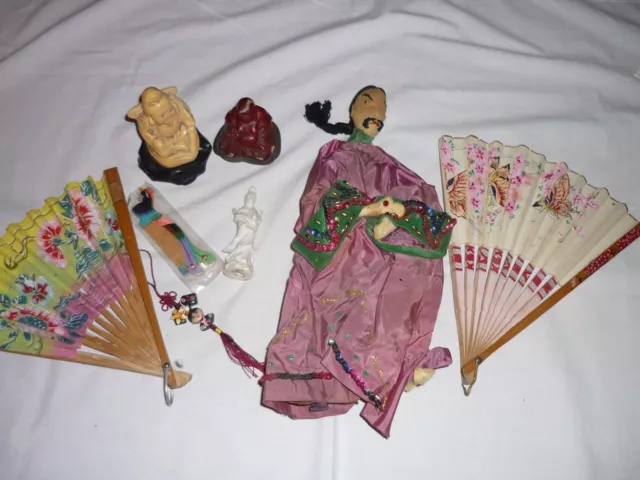 Vintage Lot of 8 Asian Items Fans Buddhas Changzhou Comb Antique Opera Doll