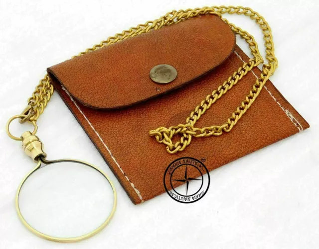 Brass style Pendent Chain Nautical Pocket Magnifying Glass With Leather Case