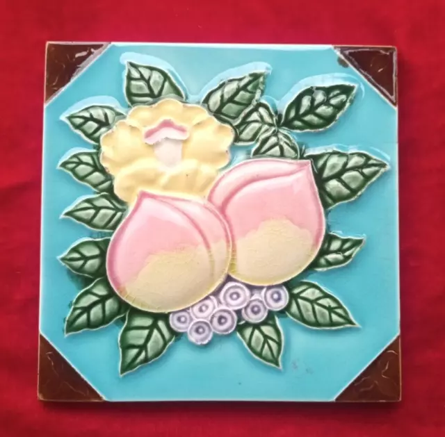 1 Piece Old Art Deco Fruits Embossed Design Majolica Ceramic Tiles Japan 0353