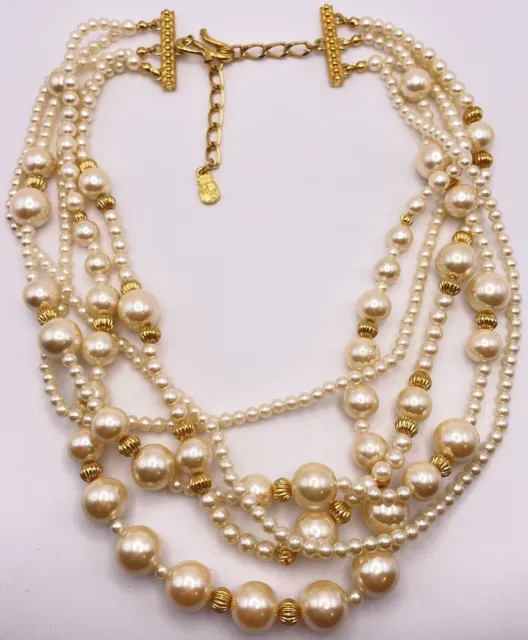 Liz Claiborne Pearl Necklace Gold Tone Multi Strand Faux Acrylic Pearls Hook