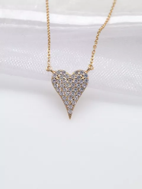 925 Sterling Silver Pave Cz Heart Necklace Pendant 13mm(0.51") 17" Gold Plated