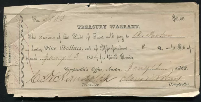 1862 $5 Five Dollars Treasury Warrant Austin, Texas Civil Service Issue