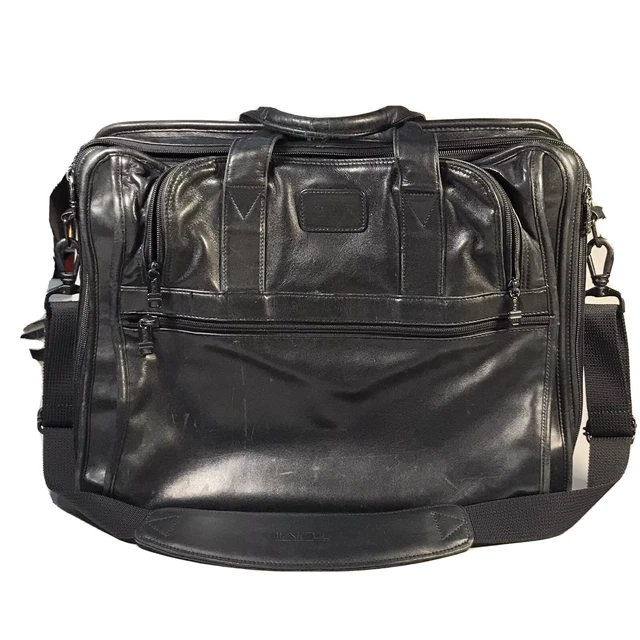 TUMI Alpha Black Genuine Leather Office Messenger Laptop Expanding Briefcase Bag