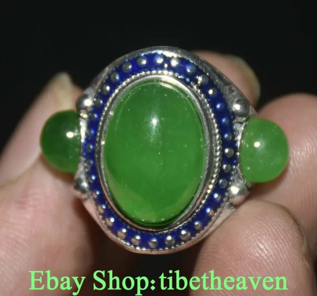 1.4" Old China Miao Silver inlay Green Jade Dynasty Palace Jewelry Hand Ring