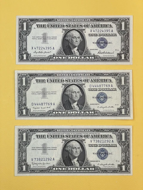 3 Crisp / $1 Silver Certificates / Series of 1957, A, B / Fr. 1619, 1620, 1621