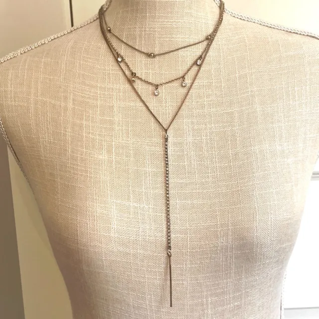 Charming Charlie Gold/Old Gold Tone Chain Rhinestone Layered Necklace