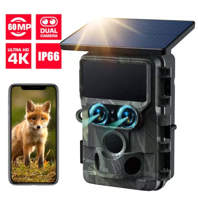 Solar Dual lens Trail Camera 4K UHD WiFi Wildlife Hunting Game Night Vision 60MP