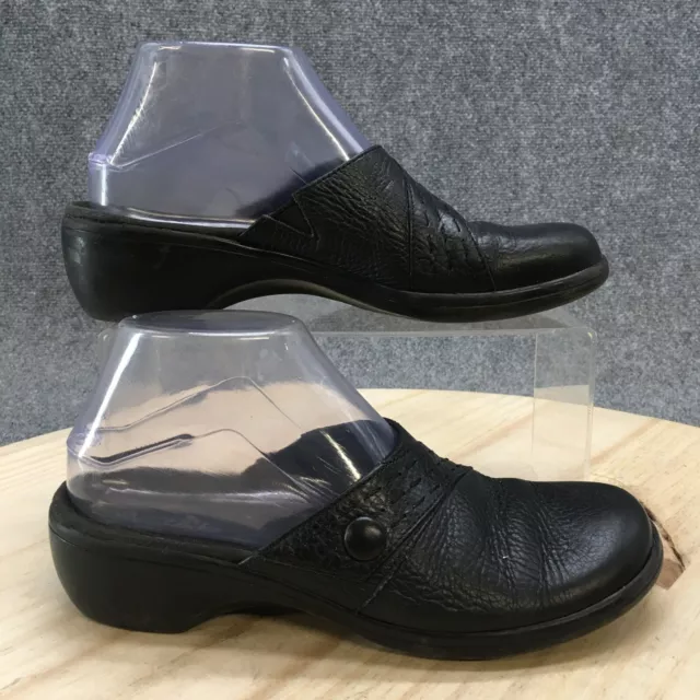 Clarks Sandals Womens 7 M Casual Comfort Slip On Mule Black Leather Low Wedge