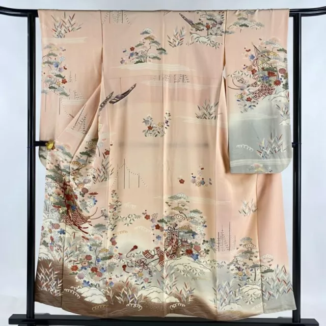 Japanese Kimono Furisode Pure Silk Kicho Shochikubai Gold Paint Light Pink