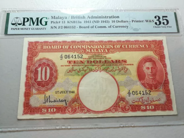 Malaya 1941 1945 10 Dollars 13 KNB13a PMG Very Fine 35 KGVI Straits Settlements