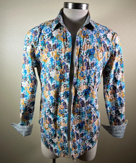 Robert Graham Long Sleeve Teal Blue Brown Purple White Floral Shirt Men's Large