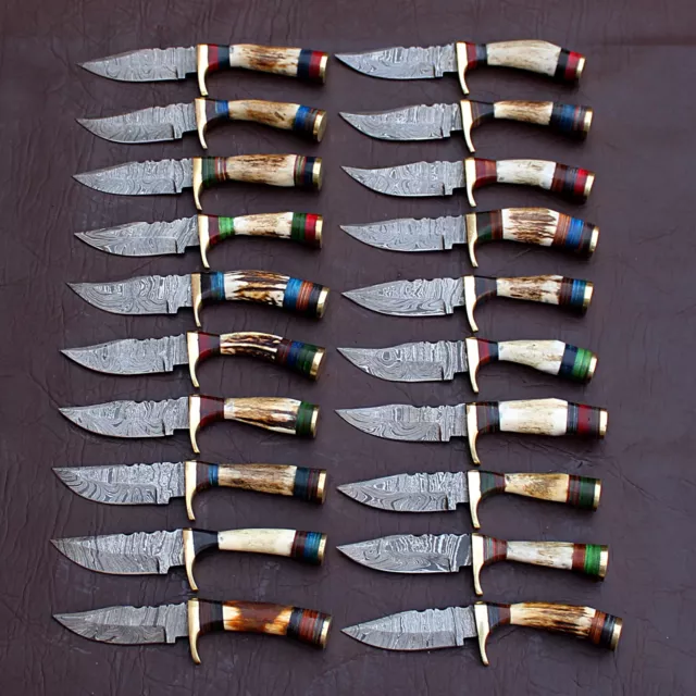 Lot Of 20 6" Crossover Custom Handmade Damascus Steel Skinner Hunting Knife Stag