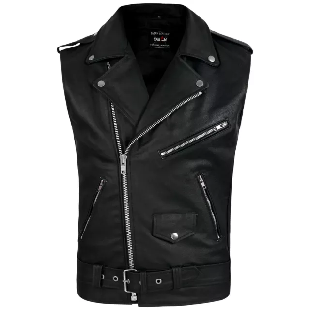 DEFY Men's Sleeveless Biker Style Classic Vest Belted Punk Genuine Leather Vest