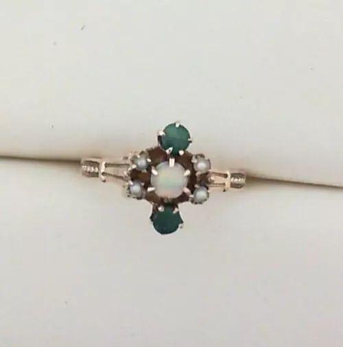 Antique Victorian Natural Emerald Opal  Pearl 10k Yellow Gold Ring