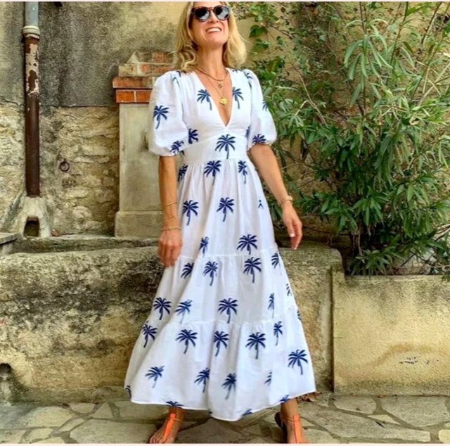 ZARA WHITE BLUE Palm Tree Embroidered Smocked Midi Maxi Summer Dress size M  12 £55.99