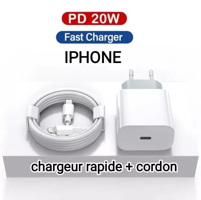 Chargeur Rapide 20W  PD Iphone 6 7 8 10 11 12 13 XR XS Pro Mini + Cordon USB-C