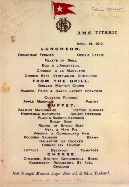 WHITE STAR LINE RMS TITANIC Survivors Menu April 14, 1912 - reprint