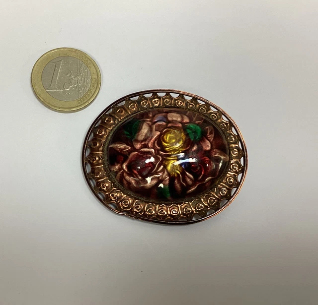 Broche Vintage Art Déco Émaillée - Fleurs Blanches Sur Fond Violet - Bijou Ancien