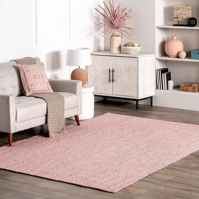 Rectangle Light Pink Jute Area Rug 100% Braided Runner Rustic Living Area Carpet