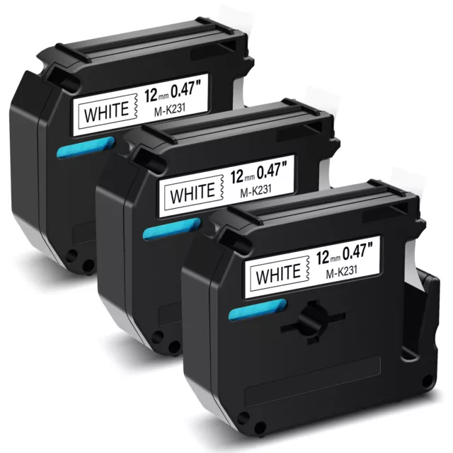 3PK Black on White Label Tape Compatible with Brother M-K231 M231 P-touch 12mm