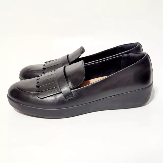 FITFLOP SUPERSKATE FRINGE Black Leather Loafers Kiltie Wedge Shoes Wms ...