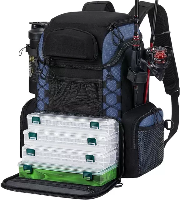 Fishing Tackle Backpack with Rod Holders & 4 Tackle Boxes, Waterproof Rain Cover